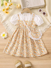 1pc Girls' Casual 2 In 1 Ditsy Floral Princess Dress With Mini Backpack